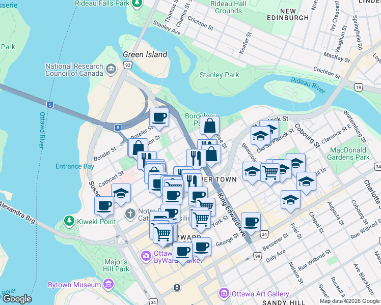 map of restaurants, bars, coffee shops, grocery stores, and more near in Ottawa