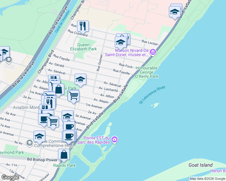 map of restaurants, bars, coffee shops, grocery stores, and more near 103 Avenue Lacharité in Montréal