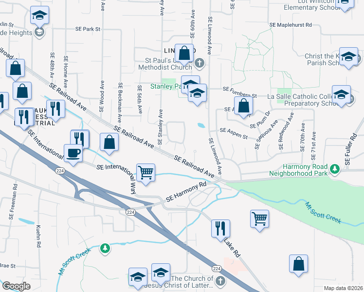 map of restaurants, bars, coffee shops, grocery stores, and more near 12425 Southeast 60th Court in Milwaukie