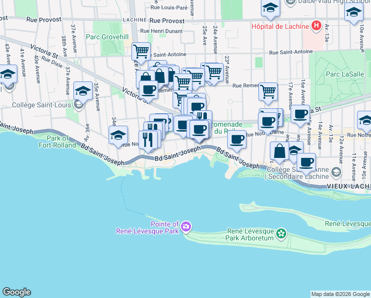 map of restaurants, bars, coffee shops, grocery stores, and more near 2700 Boulevard Saint-Joseph in Montréal