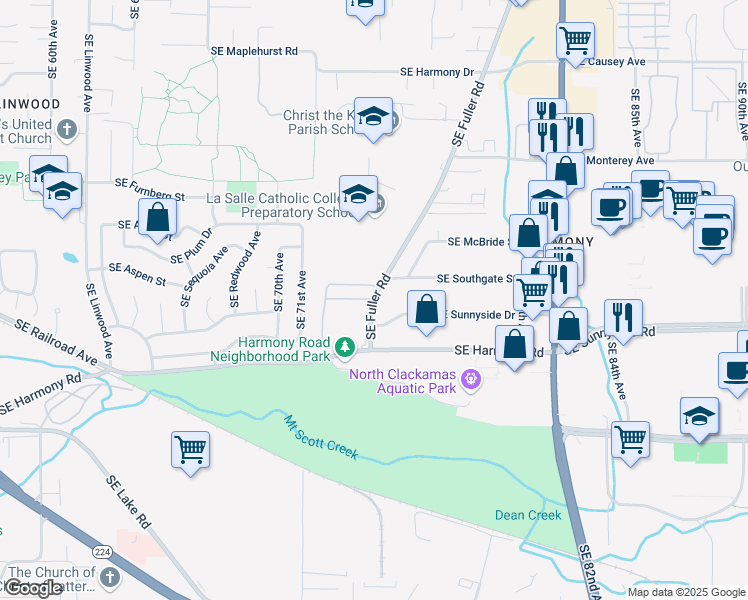 map of restaurants, bars, coffee shops, grocery stores, and more near 2300 Southeast Harrison Street in Milwaukie
