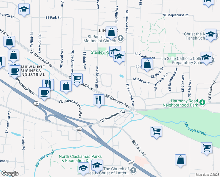 map of restaurants, bars, coffee shops, grocery stores, and more near 12425 Southeast 60th Court in Milwaukie