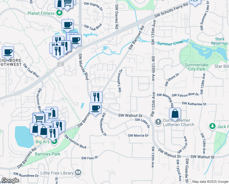 map of restaurants, bars, coffee shops, grocery stores, and more near 14184 Southwest Barrows Road in Tigard