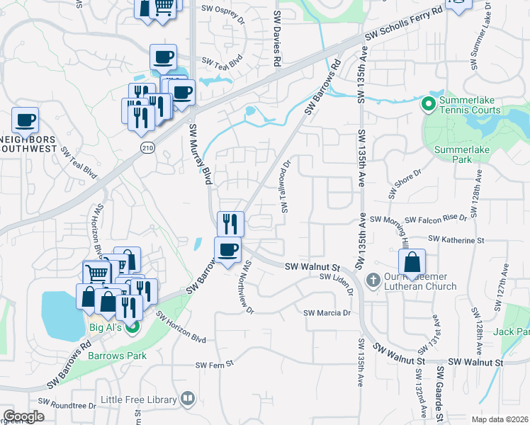 map of restaurants, bars, coffee shops, grocery stores, and more near 14184 Southwest Barrows Road in Tigard