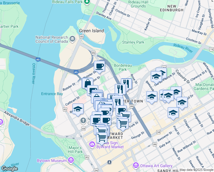 map of restaurants, bars, coffee shops, grocery stores, and more near 171 Bruyère Street in Ottawa