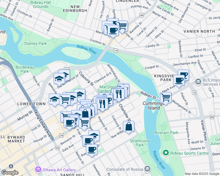 map of restaurants, bars, coffee shops, grocery stores, and more near 541 Rideau Street in Ottawa