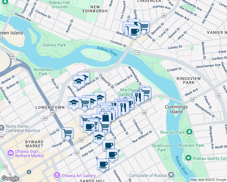 map of restaurants, bars, coffee shops, grocery stores, and more near 20 Heney Street in Ottawa