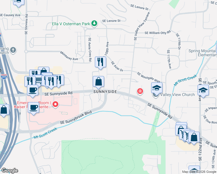 map of restaurants, bars, coffee shops, grocery stores, and more near 10891 Southeast Spruce View Lane in Happy Valley