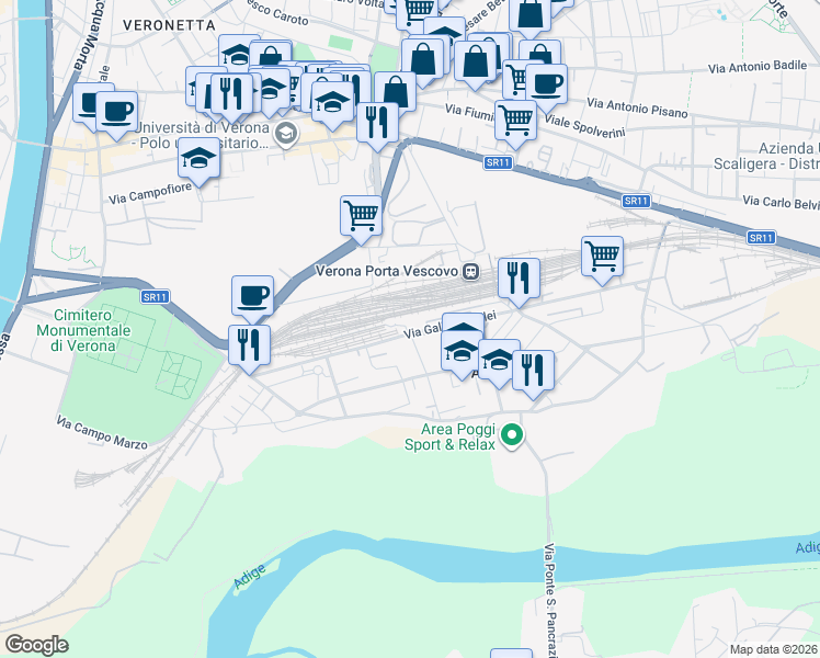 map of restaurants, bars, coffee shops, grocery stores, and more near 2 Via Muro Lungo Campo Marzo in Verona
