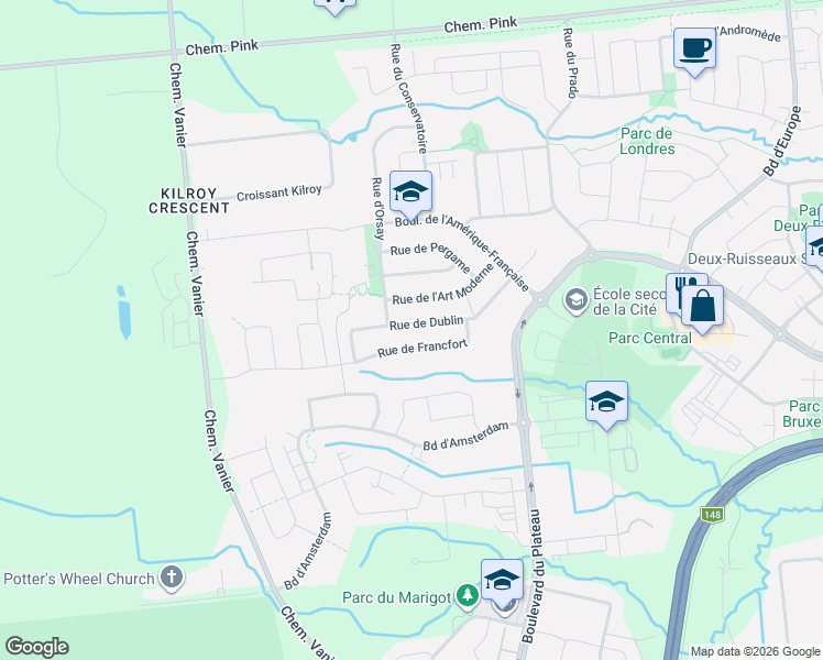 map of restaurants, bars, coffee shops, grocery stores, and more near 77 Rue de Dublin in Gatineau