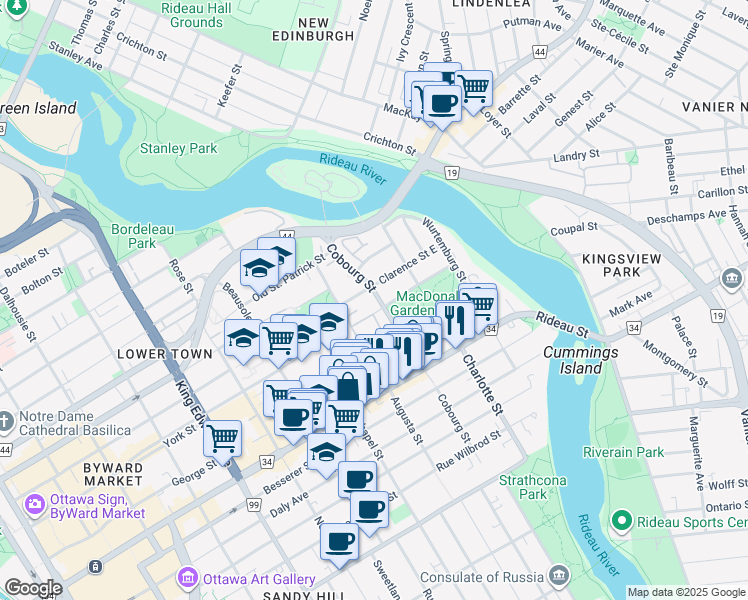 map of restaurants, bars, coffee shops, grocery stores, and more near 62 Cobourg Street in Ottawa