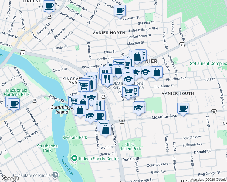 map of restaurants, bars, coffee shops, grocery stores, and more near 1617 Vanier Parkway in Ottawa