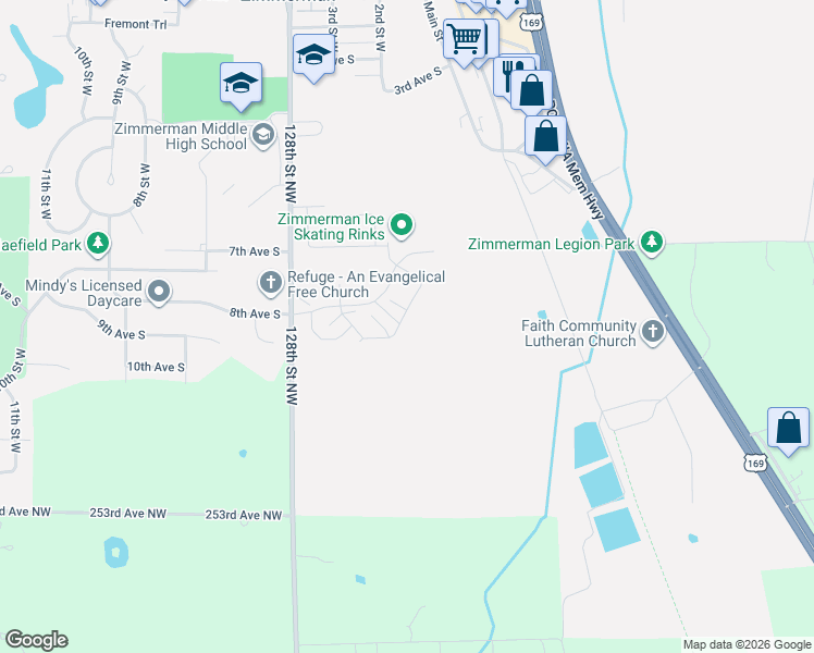 map of restaurants, bars, coffee shops, grocery stores, and more near 12641 Pond View Road in Zimmerman