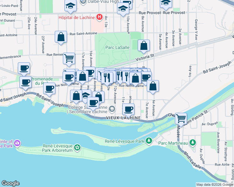 map of restaurants, bars, coffee shops, grocery stores, and more near 146 12e Avenue in Montréal
