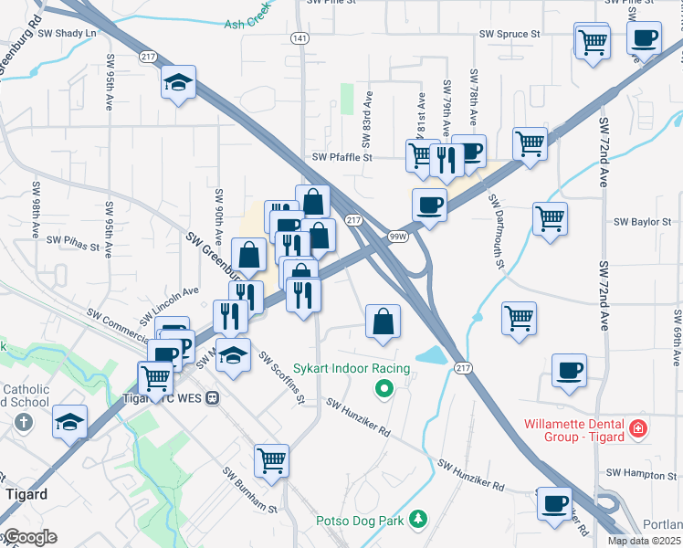 map of restaurants, bars, coffee shops, grocery stores, and more near 11959 Southwest Garden Place in Tigard
