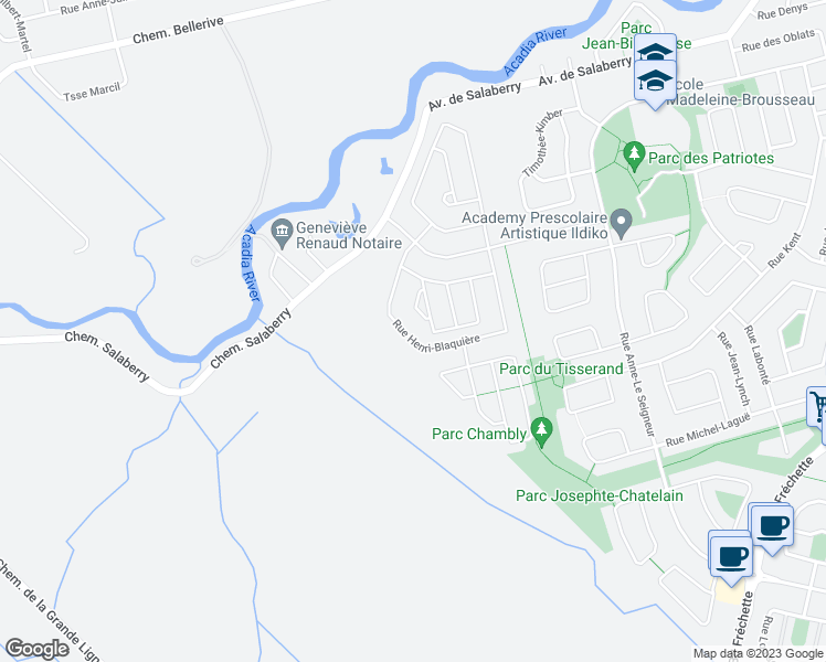 map of restaurants, bars, coffee shops, grocery stores, and more near 1819 Rue Henri-Blaquière in Chambly