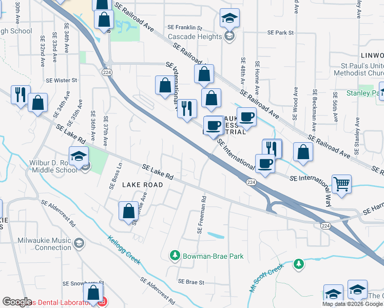 map of restaurants, bars, coffee shops, grocery stores, and more near 12600 Freeman Way in Milwaukie