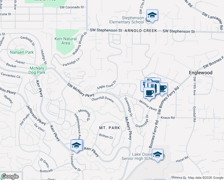 map of restaurants, bars, coffee shops, grocery stores, and more near 19 Churchill Downs in Lake Oswego