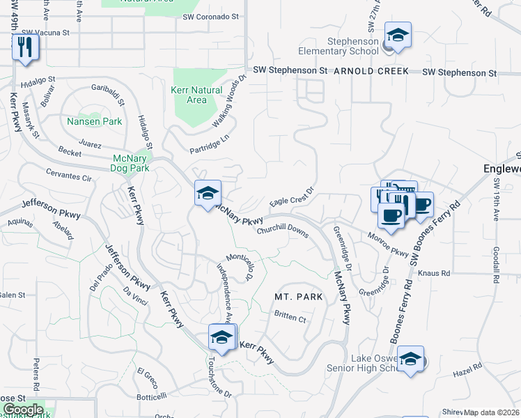 map of restaurants, bars, coffee shops, grocery stores, and more near 41 Churchill Downs in Lake Oswego