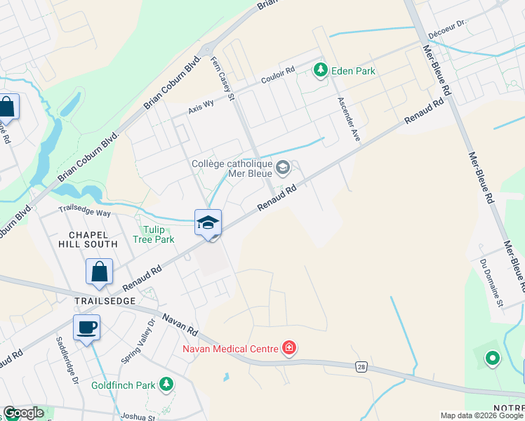 map of restaurants, bars, coffee shops, grocery stores, and more near 6360 Renaud Road in Ottawa