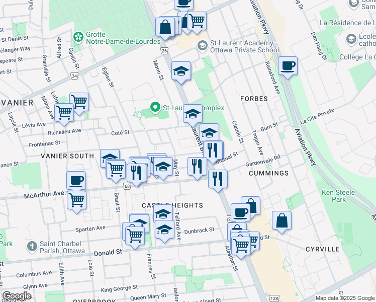 map of restaurants, bars, coffee shops, grocery stores, and more near in Ottawa