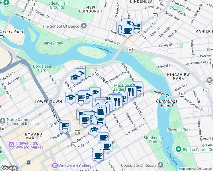 map of restaurants, bars, coffee shops, grocery stores, and more near 20 Heney Street in Ottawa