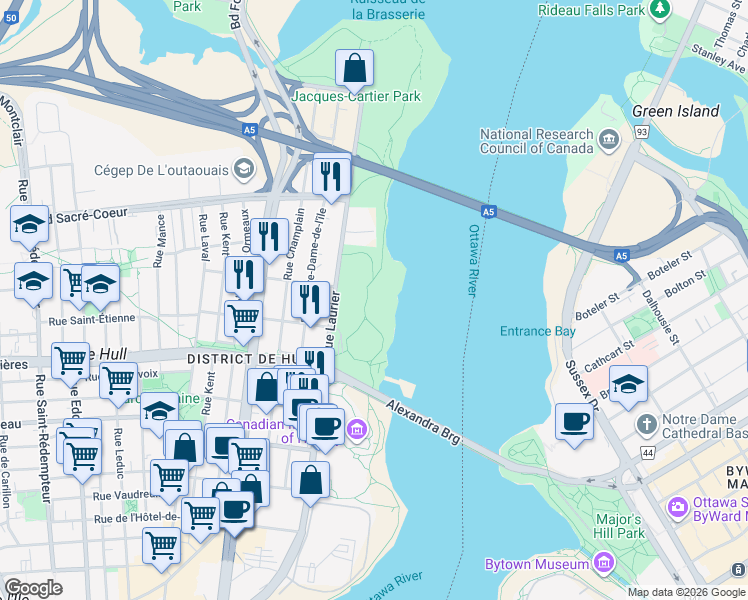 map of restaurants, bars, coffee shops, grocery stores, and more near 164 Rue Laurier in Gatineau