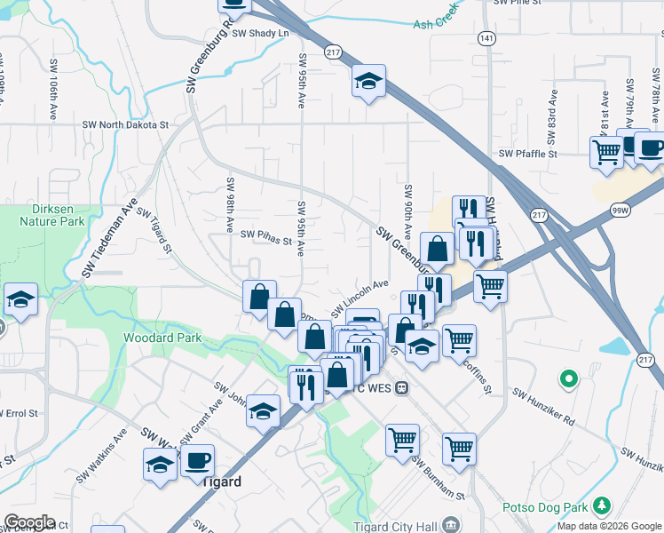map of restaurants, bars, coffee shops, grocery stores, and more near 9425 Southwest Center Street in Tigard