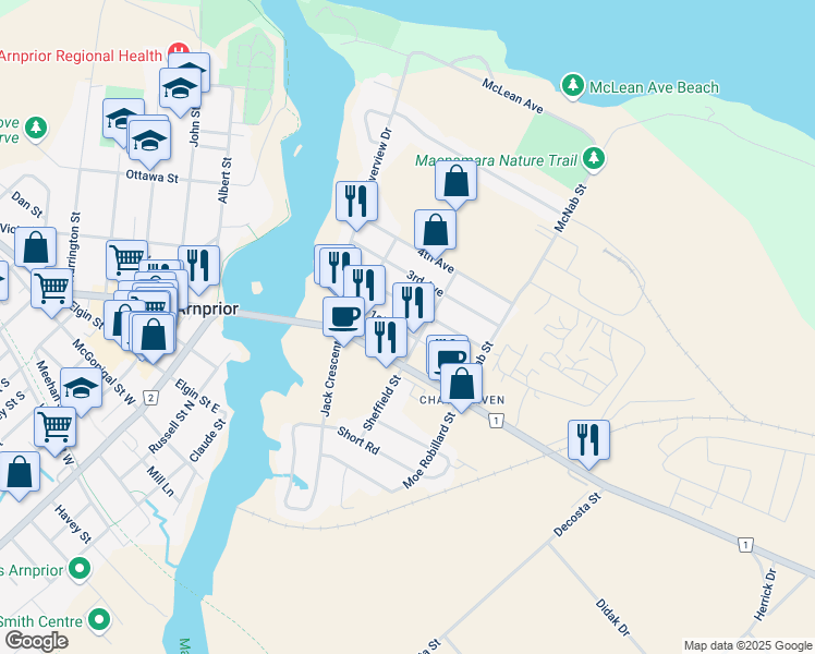 map of restaurants, bars, coffee shops, grocery stores, and more near 130 1st Avenue in Arnprior