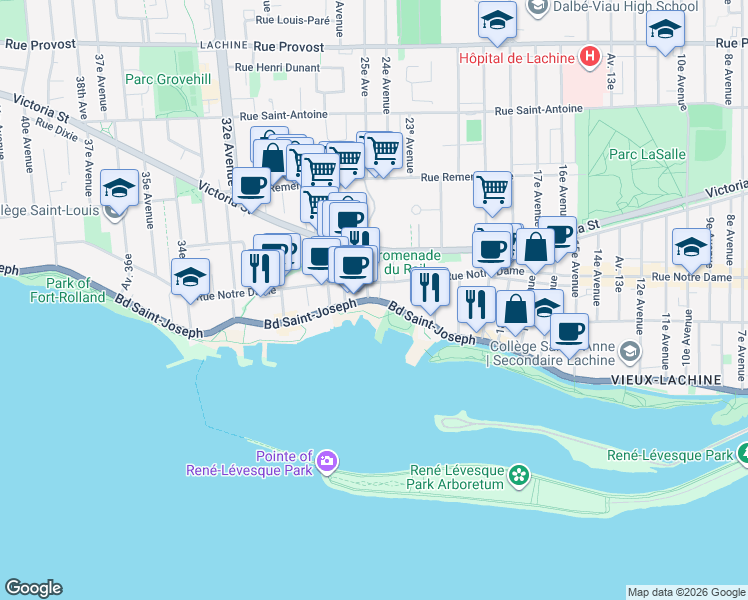 map of restaurants, bars, coffee shops, grocery stores, and more near Boulevard Saint-Joseph in Montréal