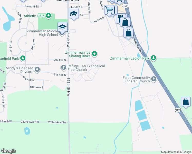 map of restaurants, bars, coffee shops, grocery stores, and more near 12641 Pond View Road in Zimmerman