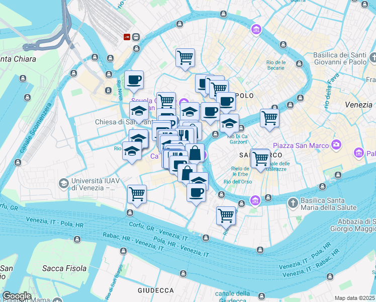 map of restaurants, bars, coffee shops, grocery stores, and more near 3519I Sestiere Dorsoduro in Venezia