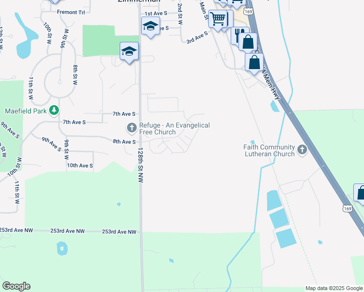 map of restaurants, bars, coffee shops, grocery stores, and more near 12641 Pond View Road in Zimmerman