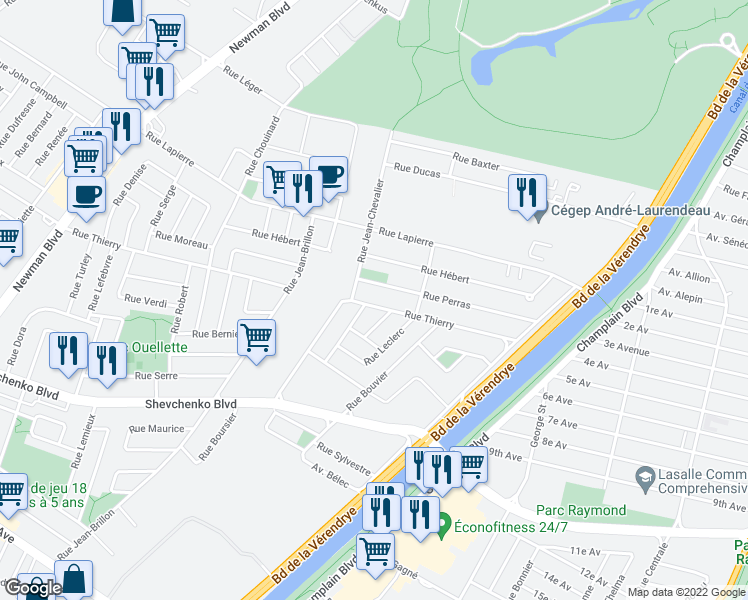 map of restaurants, bars, coffee shops, grocery stores, and more near 1143 Rue Thierry in Montréal