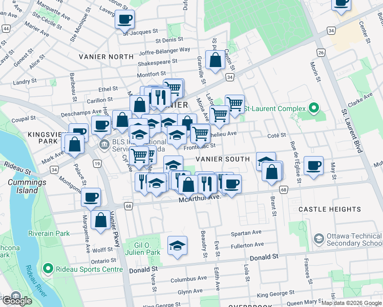 map of restaurants, bars, coffee shops, grocery stores, and more near 303 Blake Boulevard in Ottawa