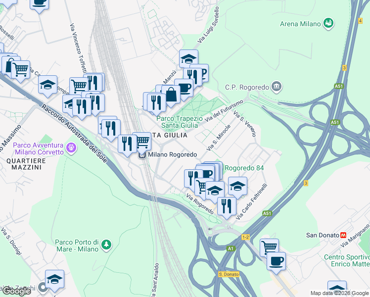 map of restaurants, bars, coffee shops, grocery stores, and more near Via Francesco Pizzolpasso in Milano