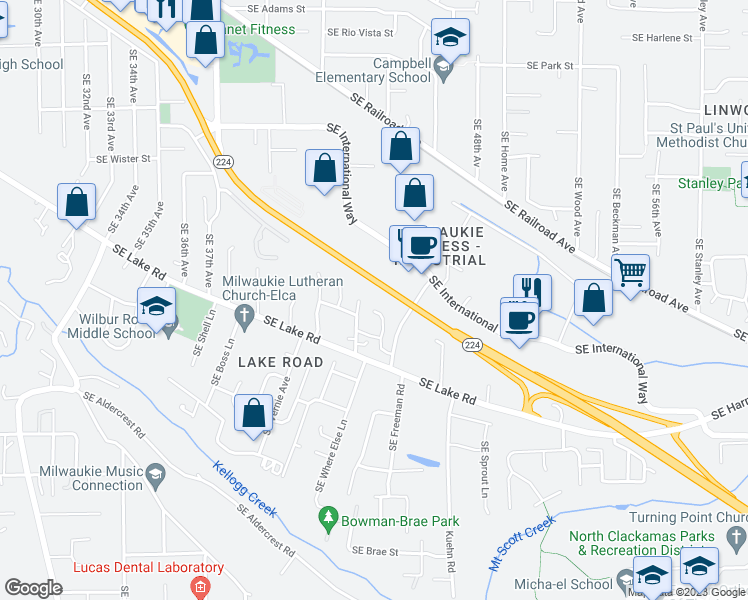 map of restaurants, bars, coffee shops, grocery stores, and more near 4560 Southeast International Way in Milwaukie