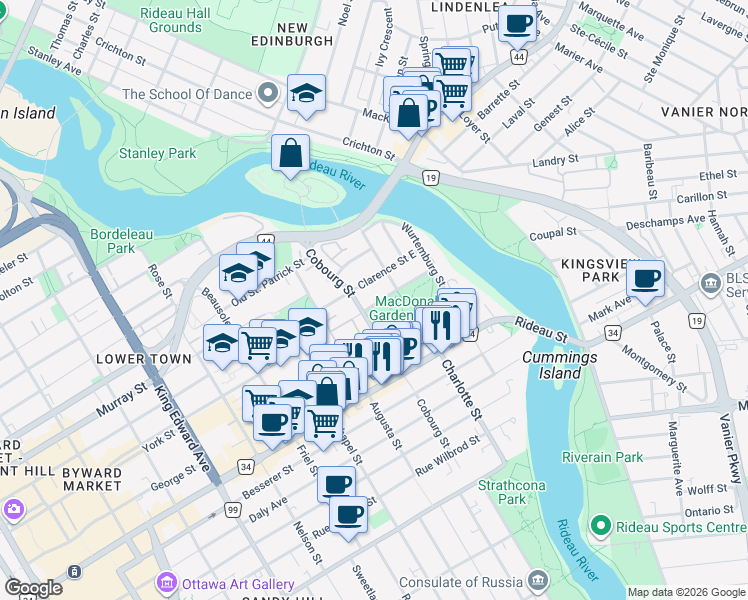 map of restaurants, bars, coffee shops, grocery stores, and more near 33 Heney Street in Ottawa