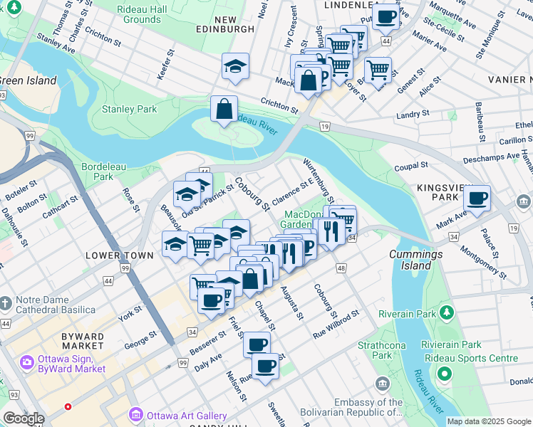 map of restaurants, bars, coffee shops, grocery stores, and more near 60 Cobourg Street in Ottawa