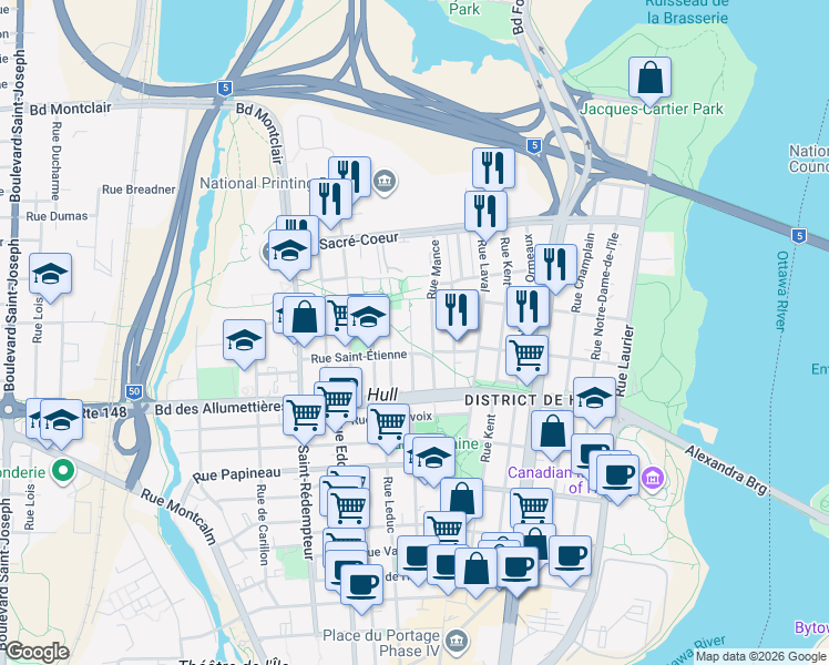 map of restaurants, bars, coffee shops, grocery stores, and more near 61 Rue Falardeau in Gatineau