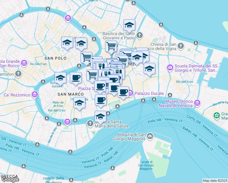 map of restaurants, bars, coffee shops, grocery stores, and more near Piazza San Marco in Venezia