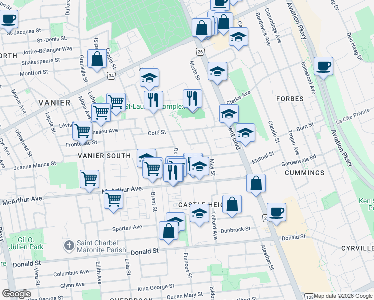map of restaurants, bars, coffee shops, grocery stores, and more near in Ottawa
