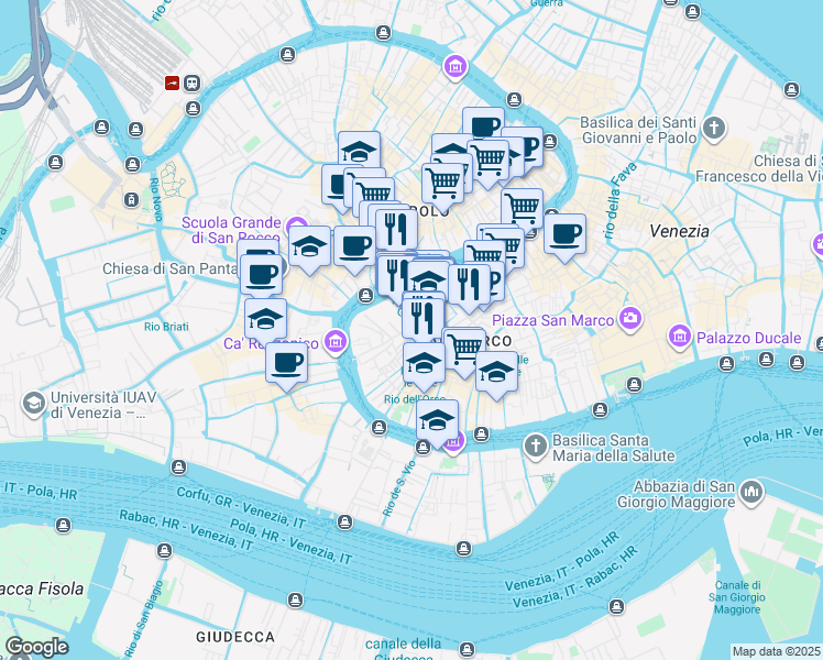 map of restaurants, bars, coffee shops, grocery stores, and more near 3448 Calle de le Boteghe in Venezia