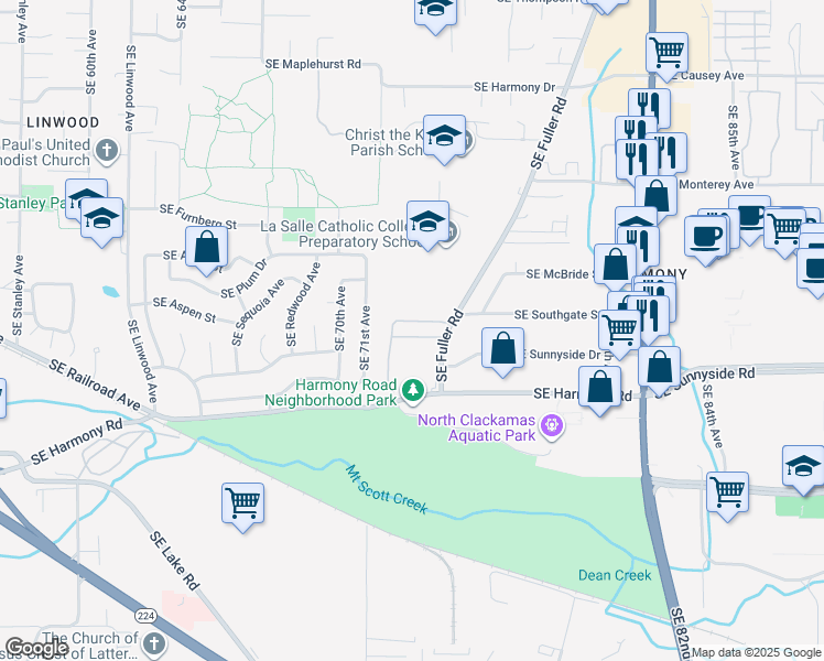 map of restaurants, bars, coffee shops, grocery stores, and more near 12345 Southeast Fuller Road in Portland