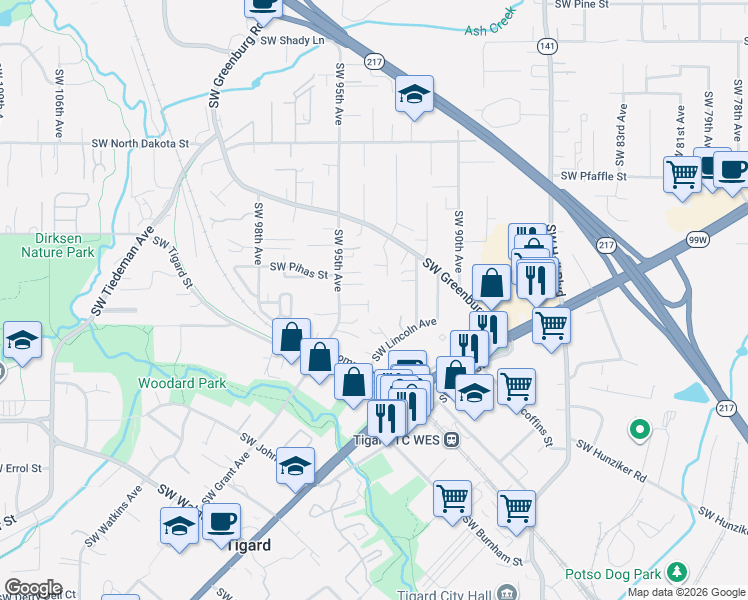 map of restaurants, bars, coffee shops, grocery stores, and more near 9425 Southwest Tangela Court in Portland