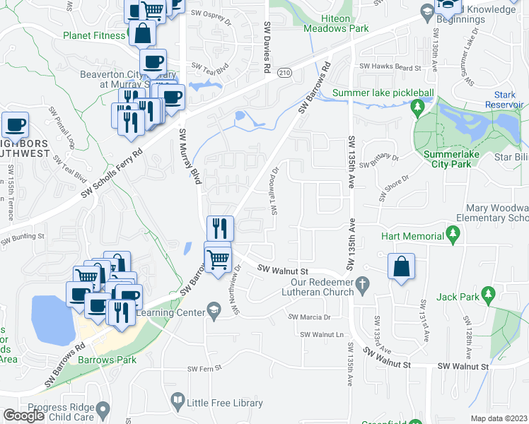 map of restaurants, bars, coffee shops, grocery stores, and more near 14098 Southwest Springbrook Lane in Tigard