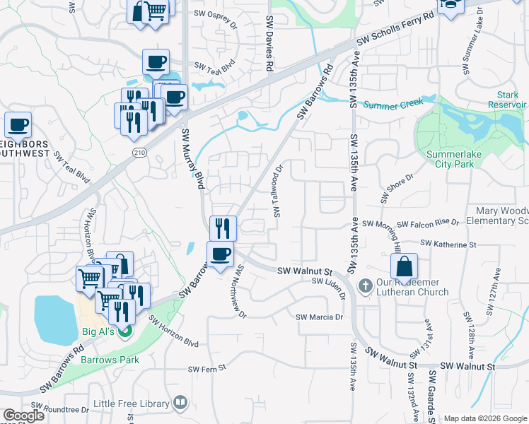 map of restaurants, bars, coffee shops, grocery stores, and more near 14098 Southwest Springbrook Lane in Tigard