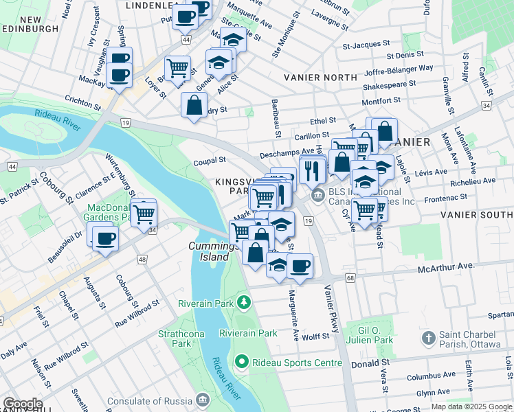 map of restaurants, bars, coffee shops, grocery stores, and more near in Ottawa