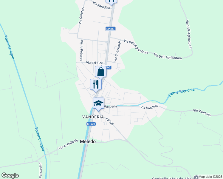 map of restaurants, bars, coffee shops, grocery stores, and more near 17 Via dell' Industria in Meledo