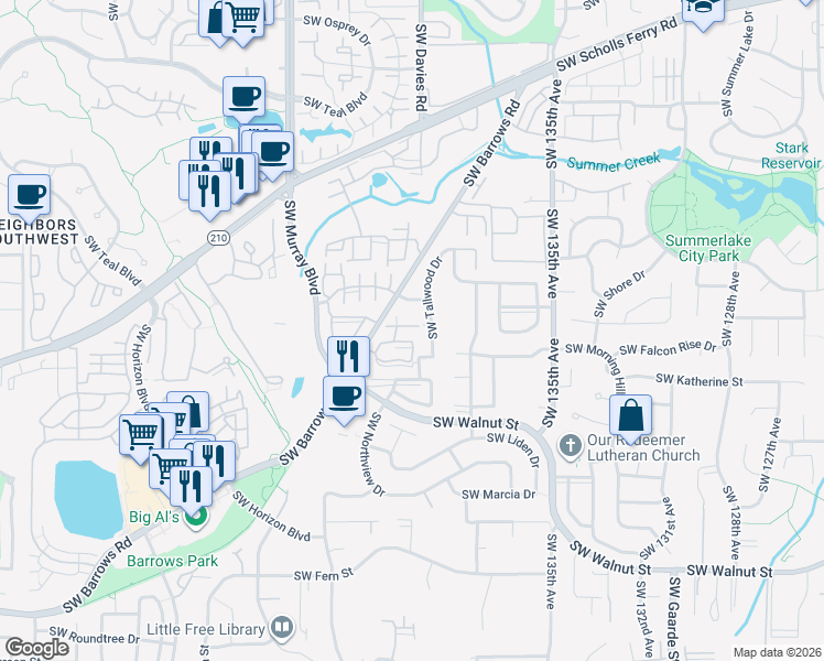 map of restaurants, bars, coffee shops, grocery stores, and more near 14098 Southwest Springbrook Lane in Tigard